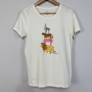 J Crew Collector Tee Shirt‎ Women's Medium White Holiday Safari Tree Christmas